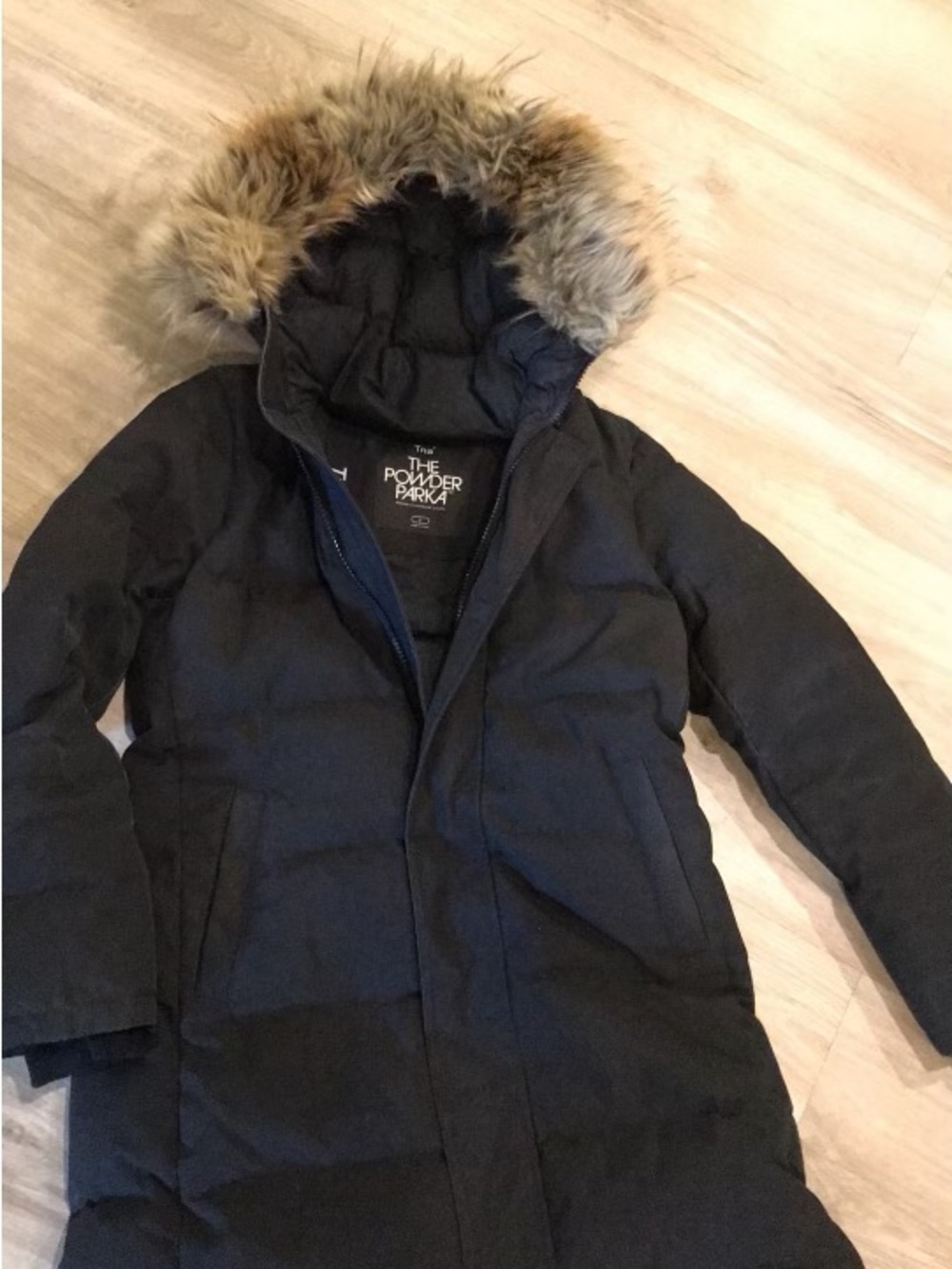 Tan Women's Black Puffer Coat with Faux Fur Hood